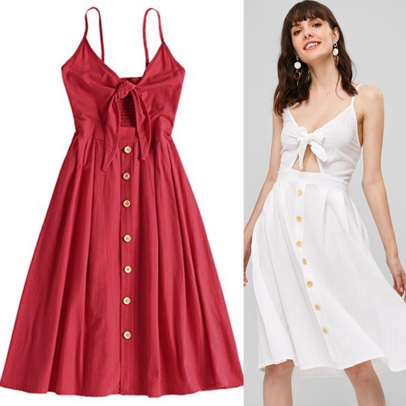 Zaful Dresses & Skirts - Zaful Tie Top Button Eyelet Midi Dress Cherry Red
